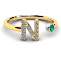 Pierścionek złoty literka N z zieloną cyrkonią 