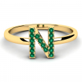Pierścionek złoty literka N z zielonymi cyrkoniami 