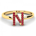Pierścionek złoty literka N z rubinami