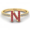 Pierścionek złoty literka N z rubinami