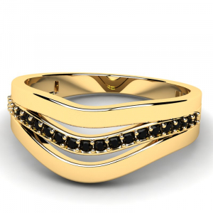 Szeroki pierścionek złoty z czarnymi cyrkoniami
