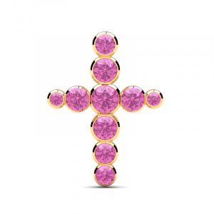 Krzyż złoty błyszczący z różowymi cyrkoniami 14kr