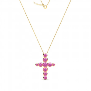 Naszyjnik złoty krzyż z różowymi cyrkoniami