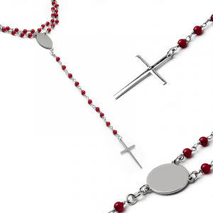 Naszyjnik srebrny z czerwonymi koralikami krzyż
