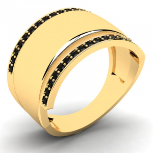 Szeroki pierścionek złoty z czarnymi cyrkoniami