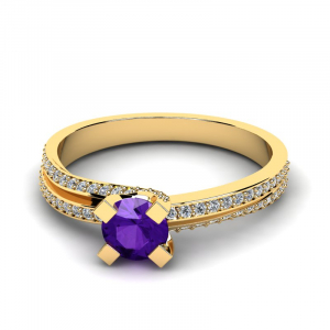 Pierścionek złoty błyszczący z fioletową cyrkonią 