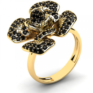 Pierścionek złoty z kwiat z czarnymi cyrkoniami 