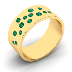 Obrączka złota szeroka z zielonymi cyrkoniami 14kr