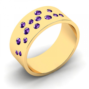 Obrączka złota szeroka z fioletowymi cyrkoniami