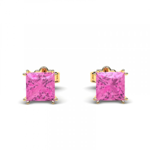 Kolczyki złote kwadraty różowe cyrkonie 5mm