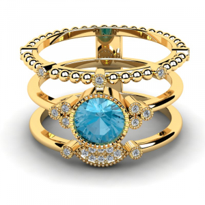 Pierścionek złoty trzyrzędowy z niebieską cyrkonią