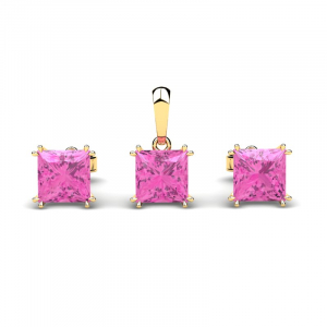 Komplet złoty kwadraty z różowymi cyrkoniami 6mm 