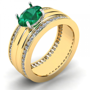 Pierścionek złoty obrączka z zieloną cyrkonią