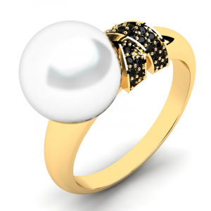 Pierścionek złoty perła z czarnymi cyrkoniami 14kr