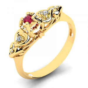 Pierścionek złoty serduszka rubin z brylantami