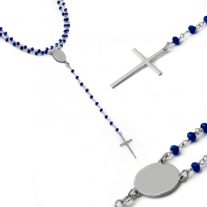 Naszyjnik srebrny z niebieskimi koralikami krzyż