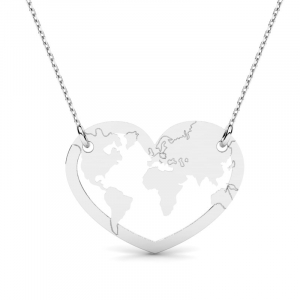 Naszyjnik z białego złota serce mapa świata