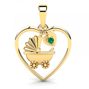 Wisiorek złoty wózek serce z zieloną cyrkonią 14kr