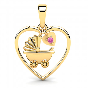 Wisiorek złoty wózek serce z różową cyrkonią 14kr