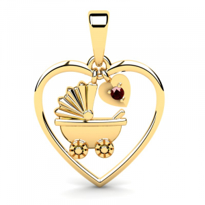 Wisiorek złoty wózek i serce z bordową cyrkonią 