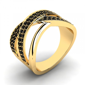 Szeroki pierścionek złoty z czarnymi brylantami