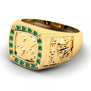 Sygnet złoty poker z zielonymi cyrkoniami 14kr