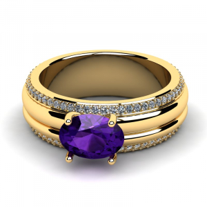 Szeroki pierścionek złoty z fioletową cyrkonią