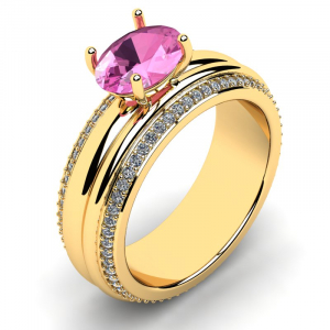 Szeroki pierścionek złoty z różową cyrkonią