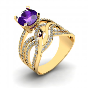 Efektowny pierścionek złoty z fioletową cyrkonią
