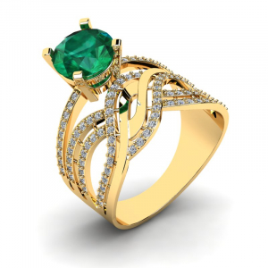 Efektowny pierścionek złoty z zieloną cyrkonią
