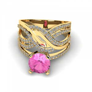 Efektowny pierścionek złoty z różową cyrkonią
