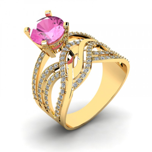 Efektowny pierścionek złoty z różową cyrkonią 14kr