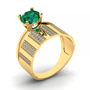 Pierścionek złoty z obrączką i zieloną cyrkonią