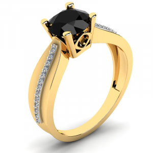 Błyszczący pierścionek złoty z czarną cyrkonią