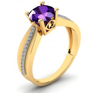 Błyszczący pierścionek złoty z fioletową cyrkonią