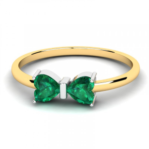 Pierścionek złoty dwa serduszka zielone cyrkonie