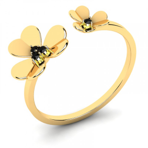Pierścionek złoty kwiatuszki z czarnymi brylantami