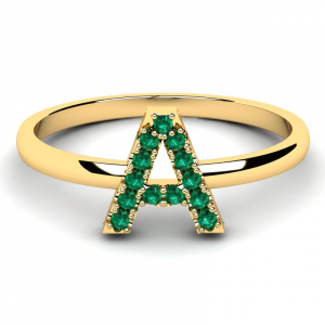 Pierścionek złoty literka A z zielonymi cyrkoniami 