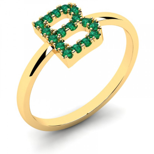 Pierścionek złoty literka B z zielonymi cyrkoniami 