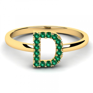 Pierścionek złoty literka D z zielonymi cyrkoniami 