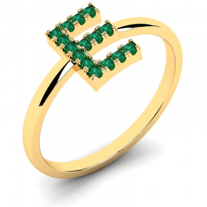 Pierścionek złoty literka E z zielonymi cyrkoniami 