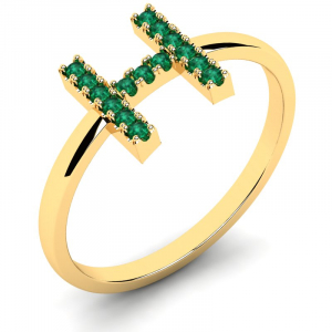 Pierścionek złoty literka H z zielonymi cyrkoniami 