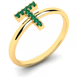 Pierścionek złoty literka T z zielonymi cyrkoniami 