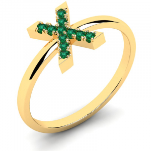 Pierścionek złoty literka X z zielonymi cyrkoniami 