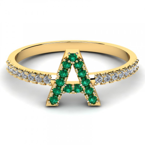 Pierścionek złoty literka A z zielonymi cyrkoniami 