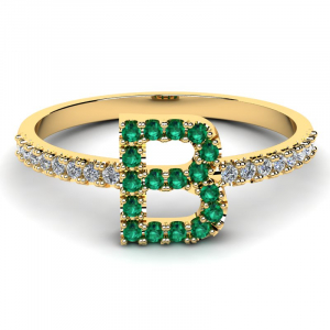 Pierścionek złoty literka B z zielonymi cyrkoniami 