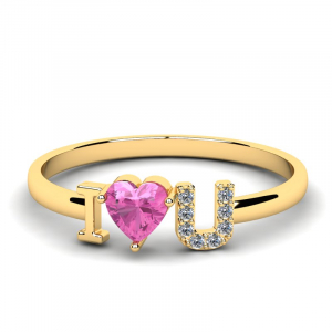 Pierścionek złoty serce z różową cyrkonią 