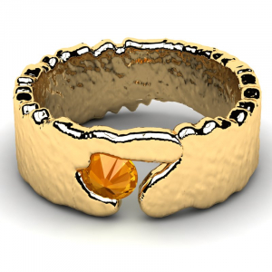 Pierścionek złoty szeroki z pomarańczową cyrkonią