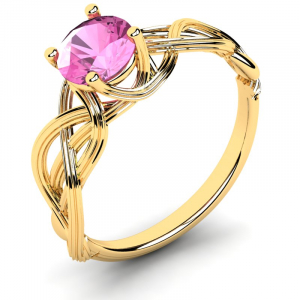 Pierścionek złoty zapleciony z różową cyrkonią 6mm 