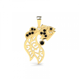 Wisiorek złoty rybka czarne cyrkonie grawer